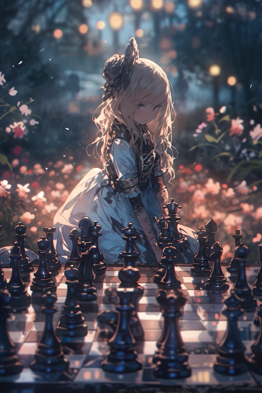 Alice thinking on a giant chessboard artwork