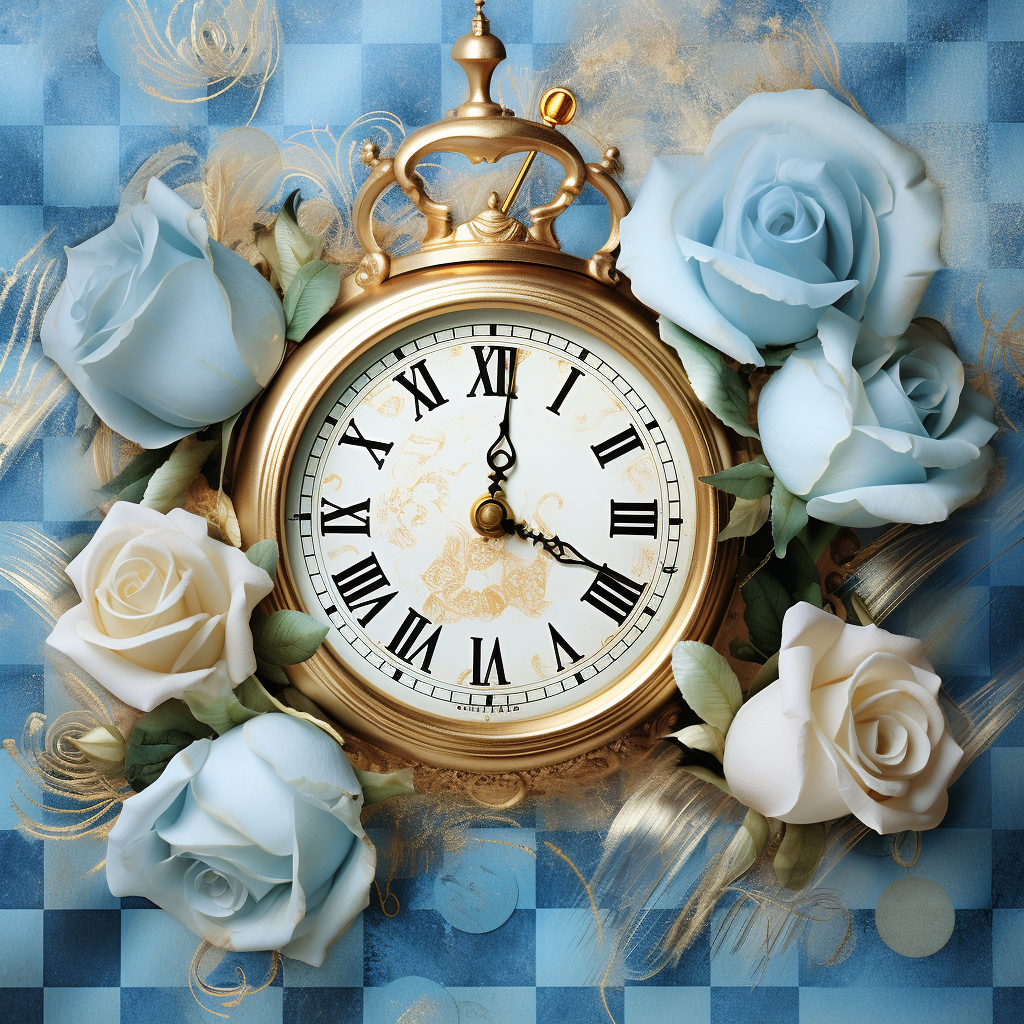 Alice in Wonderland with Blue Checkered and Gold Clocks