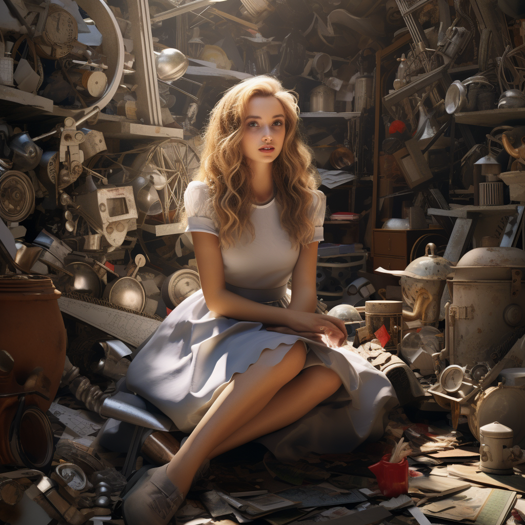 Alice in Wonderland surrounded by engine parts