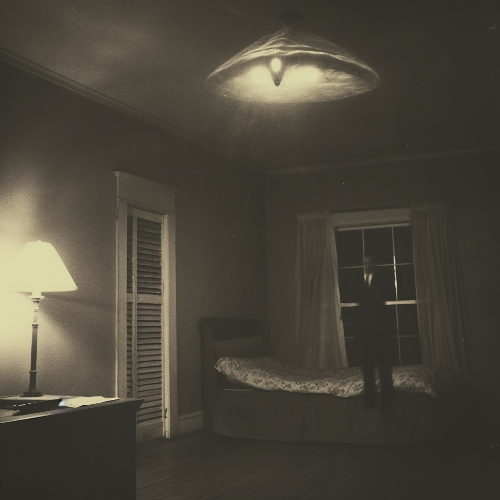 Scary grey aliens in vintage nighttime bedroom