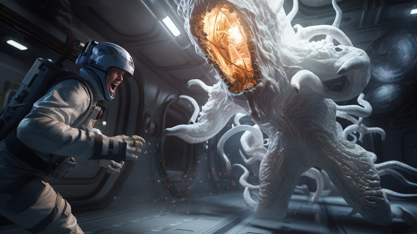 Alien and Astronaut in Space Station Fight