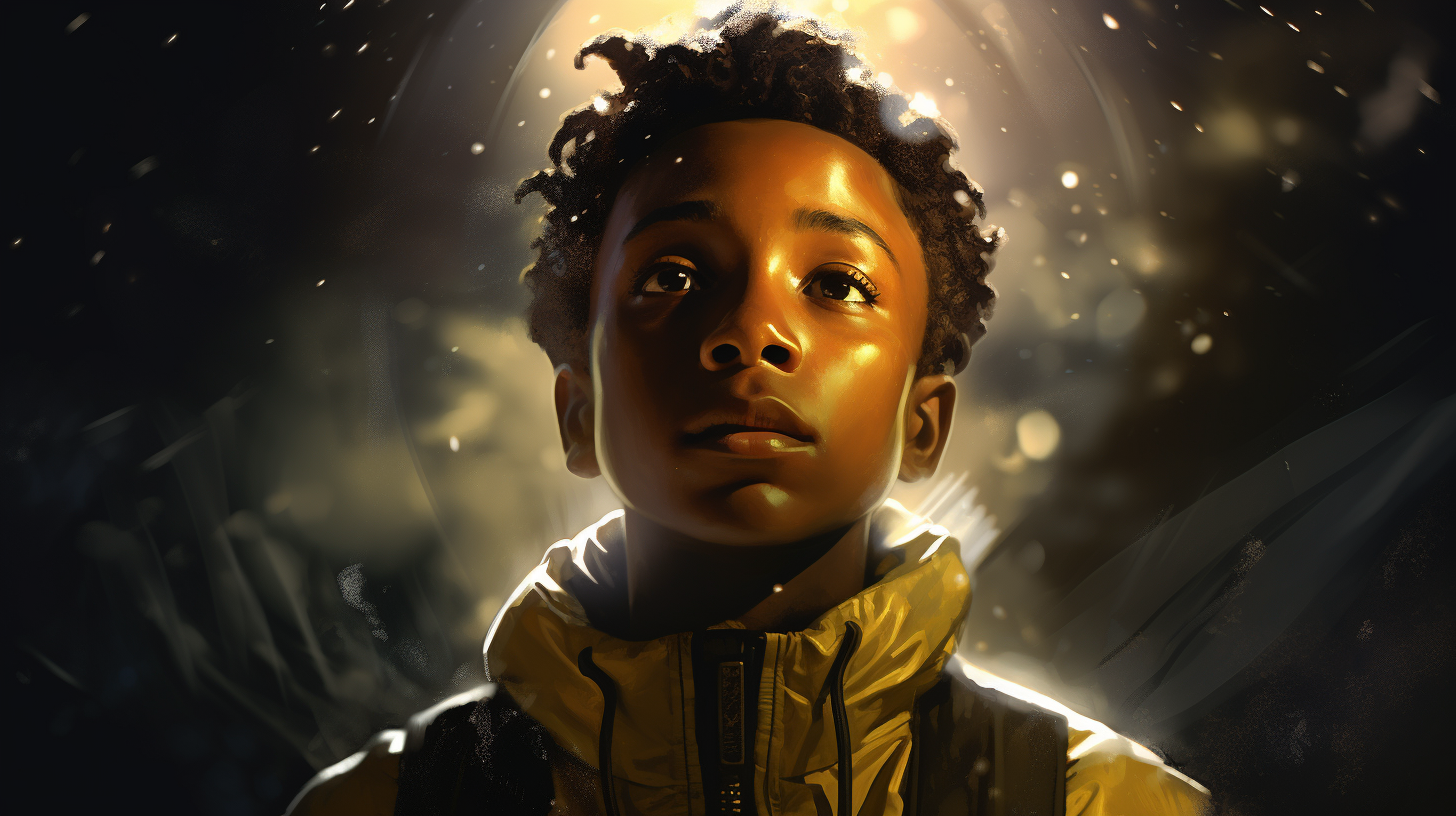 Illustration of a black boy in Weyland-Yutani colon