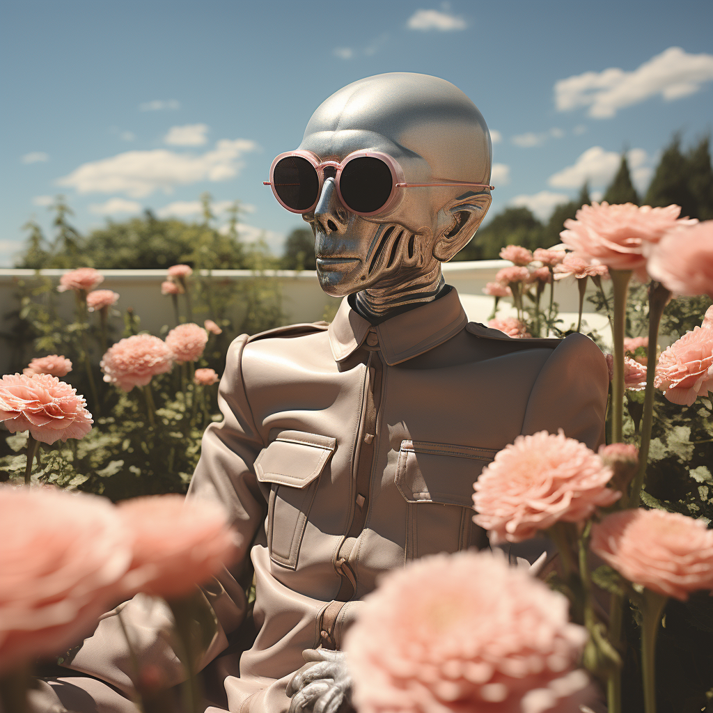 alien sitting on coffin in flower field