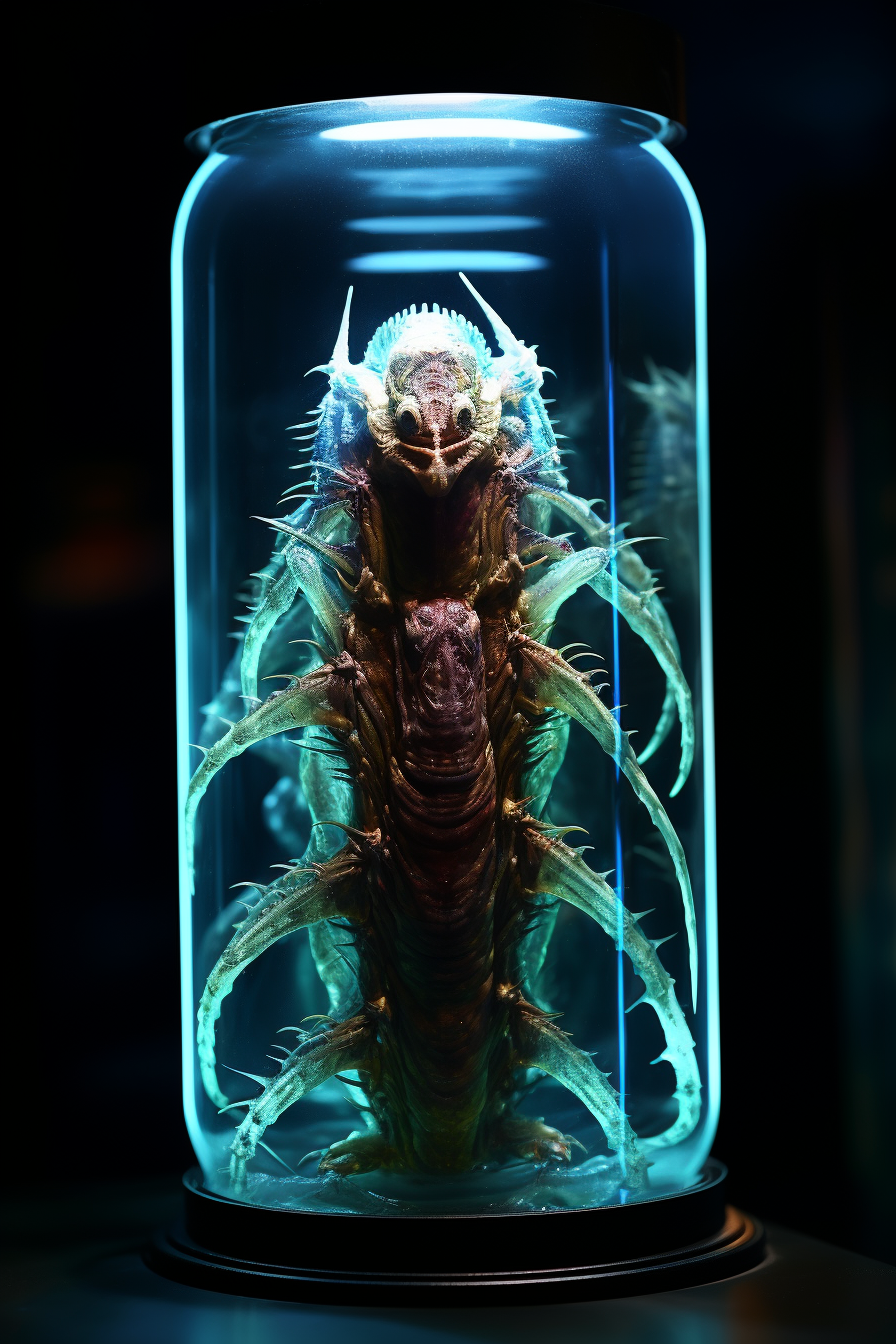 Alien creature in glass container illuminated by ambient light