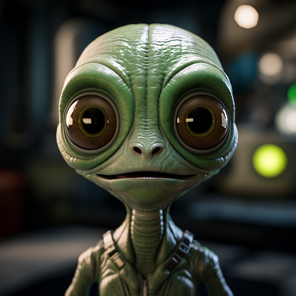 Green alien with big eyes in space