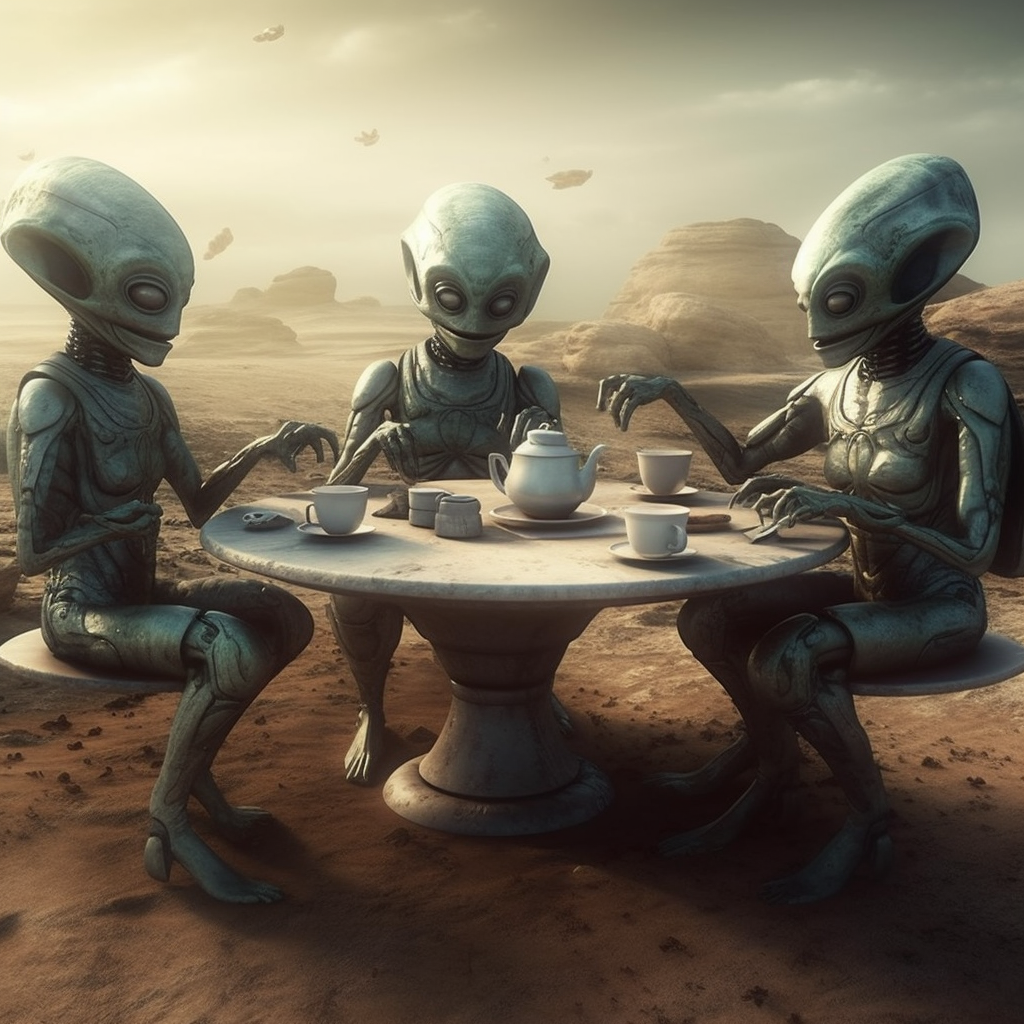 Alien family enjoying tea on Mars