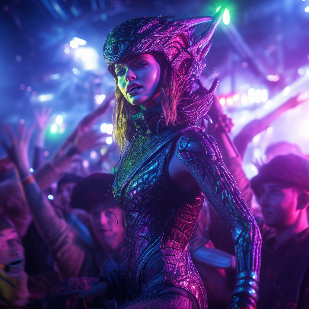 Alien girl dancing at rave party