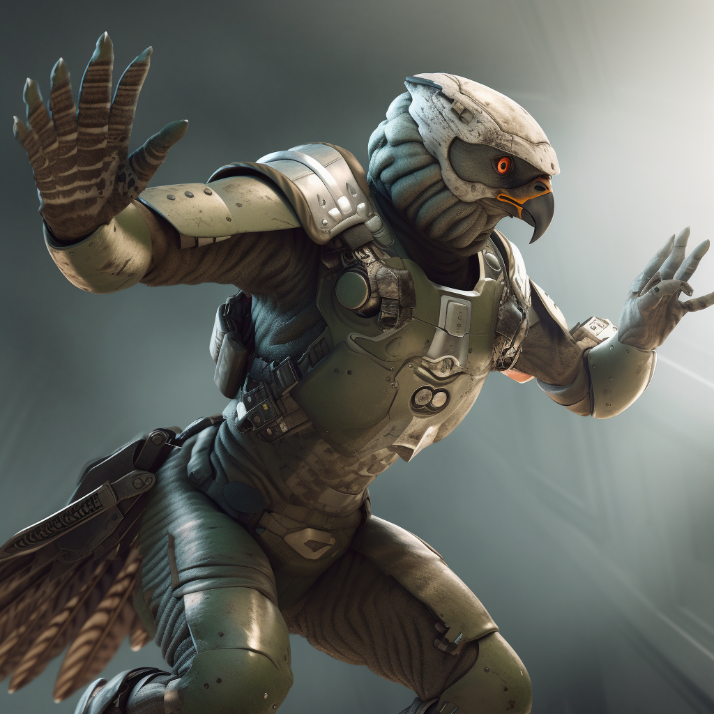 Anthropomorphic alien hawk in sci-fi armor with energy pistol