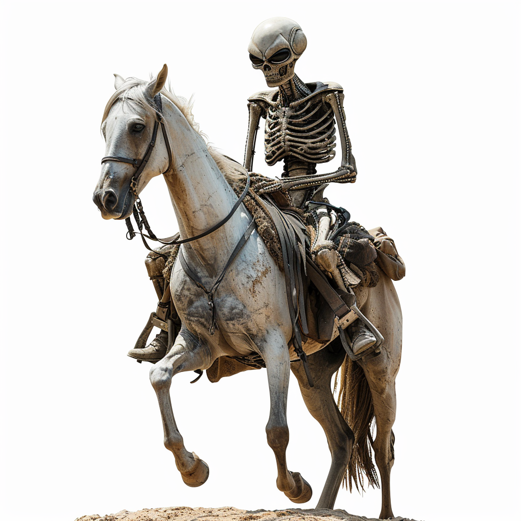 Alien riding horse on white