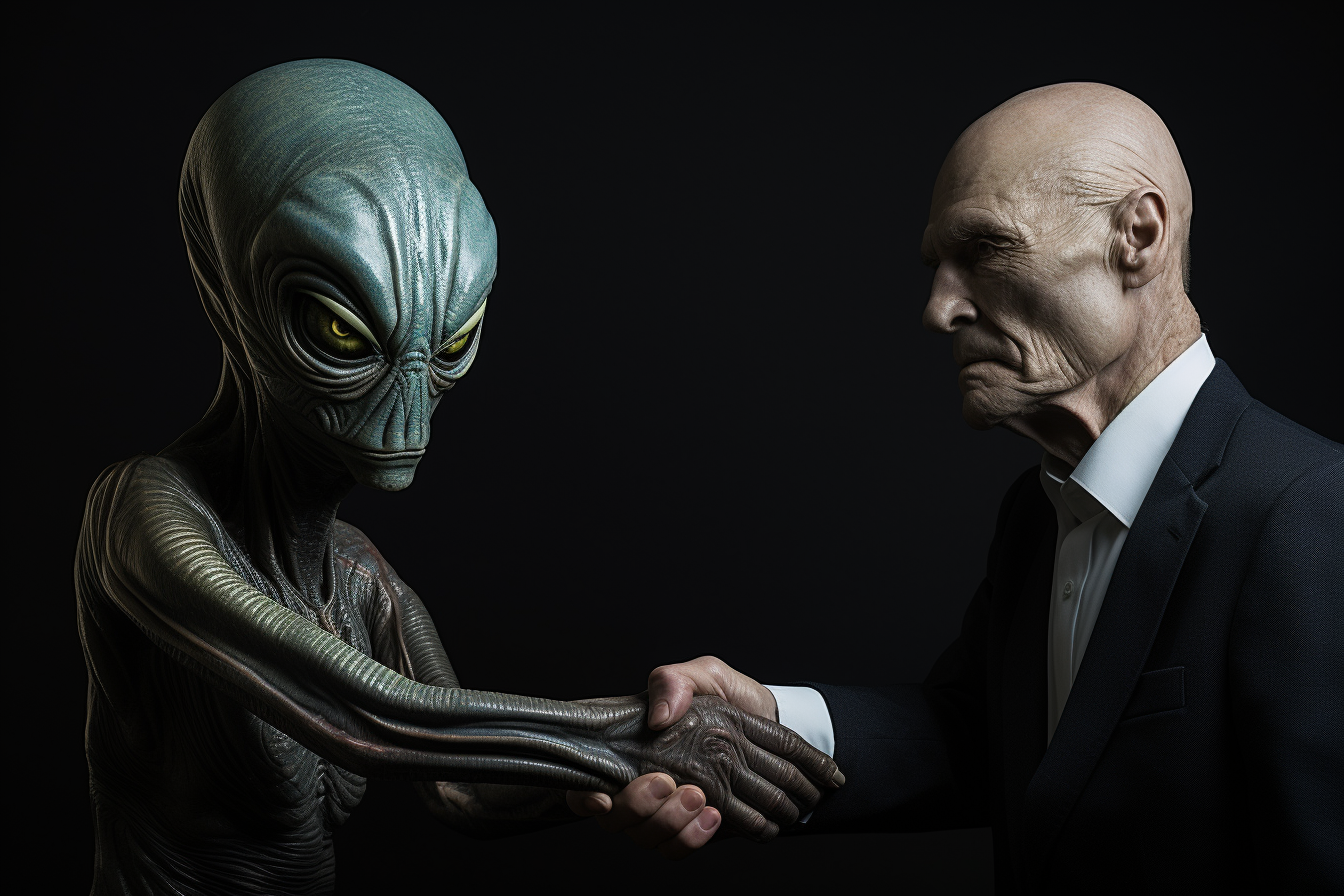 Alien and human shaking hands