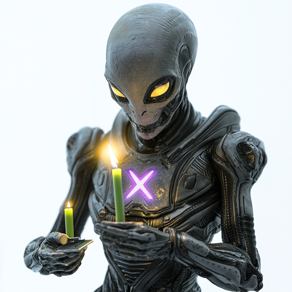 alien in armor lighting green candles, realistic white background.