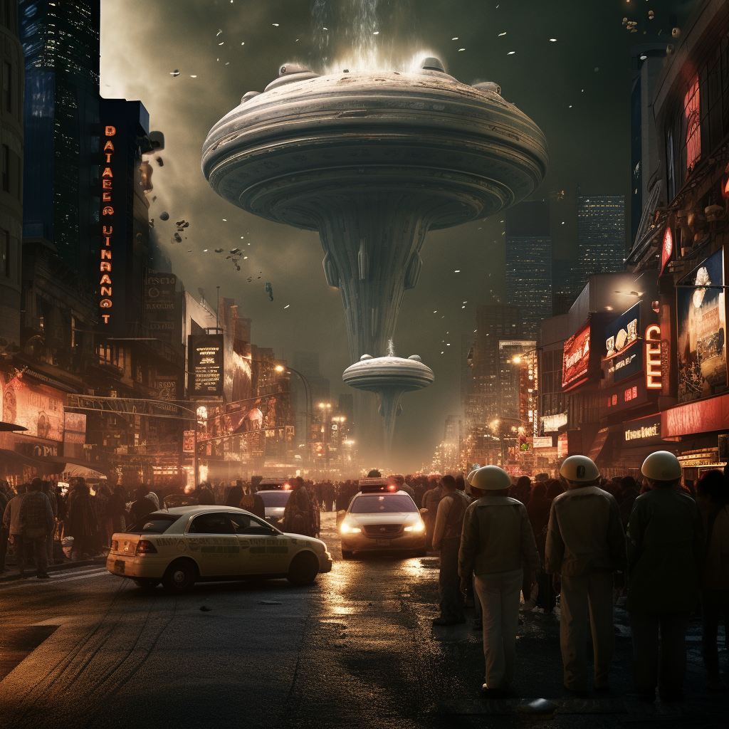 Hyperrealistic alien invasion streetscape image