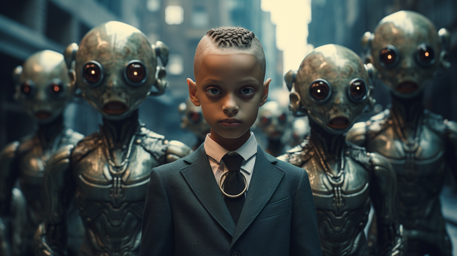 Group of Alien Kids in Cyberpunk Suits