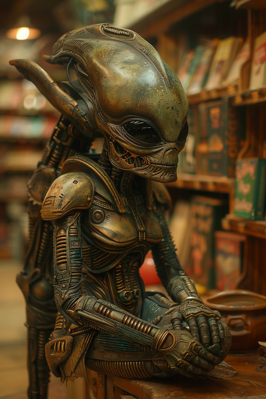 Alien reading books in library