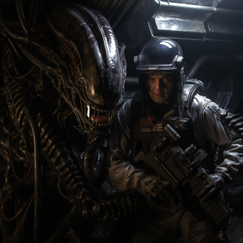 Xenomorph standing behind roughneck on space freighter