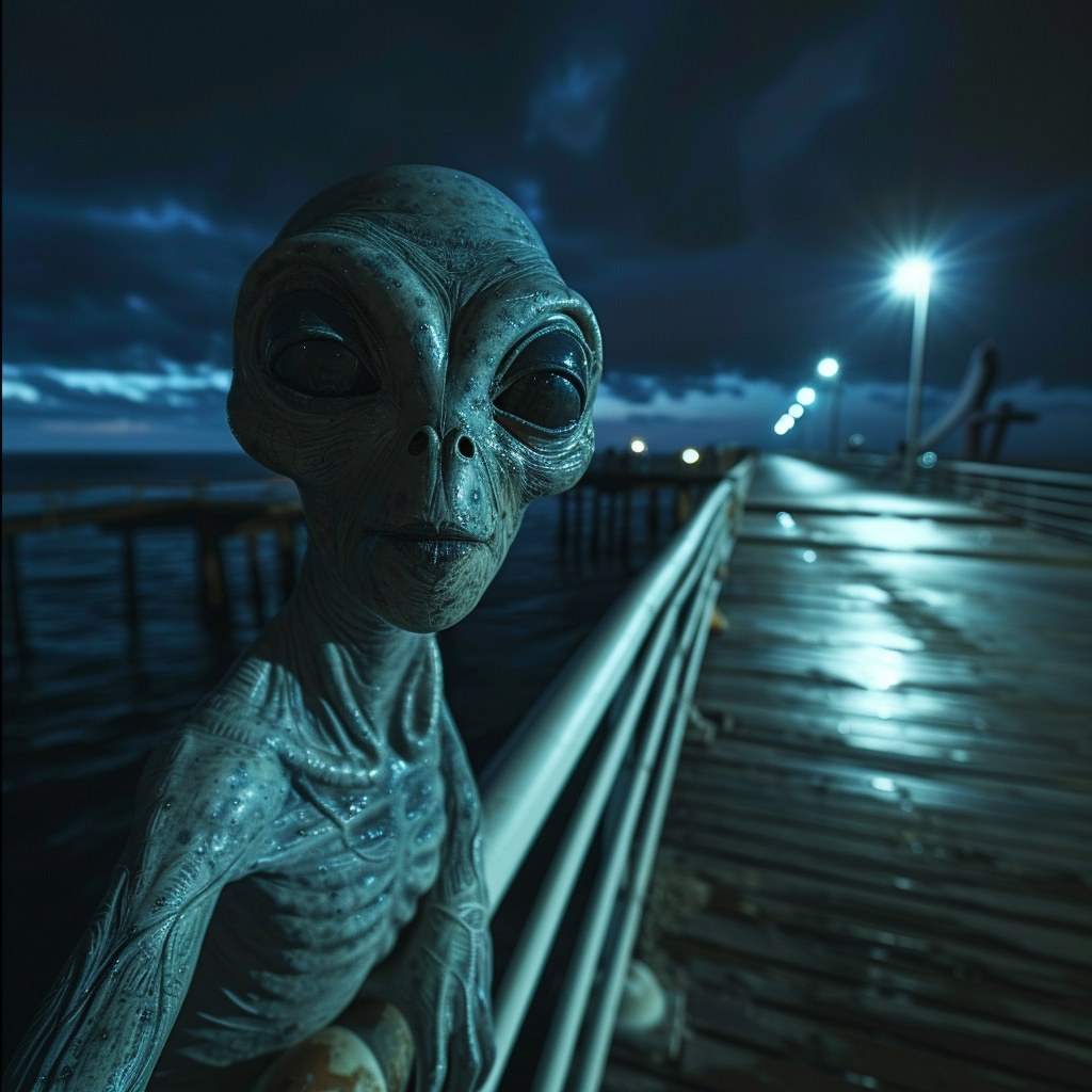 Alien mermaid on pier at night