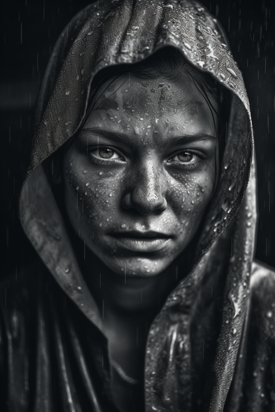 Alien monk in rain with droplets