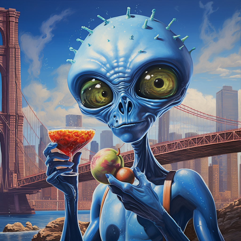 Alien with Mushroom Head Eating Apple on Spaceship Bridge