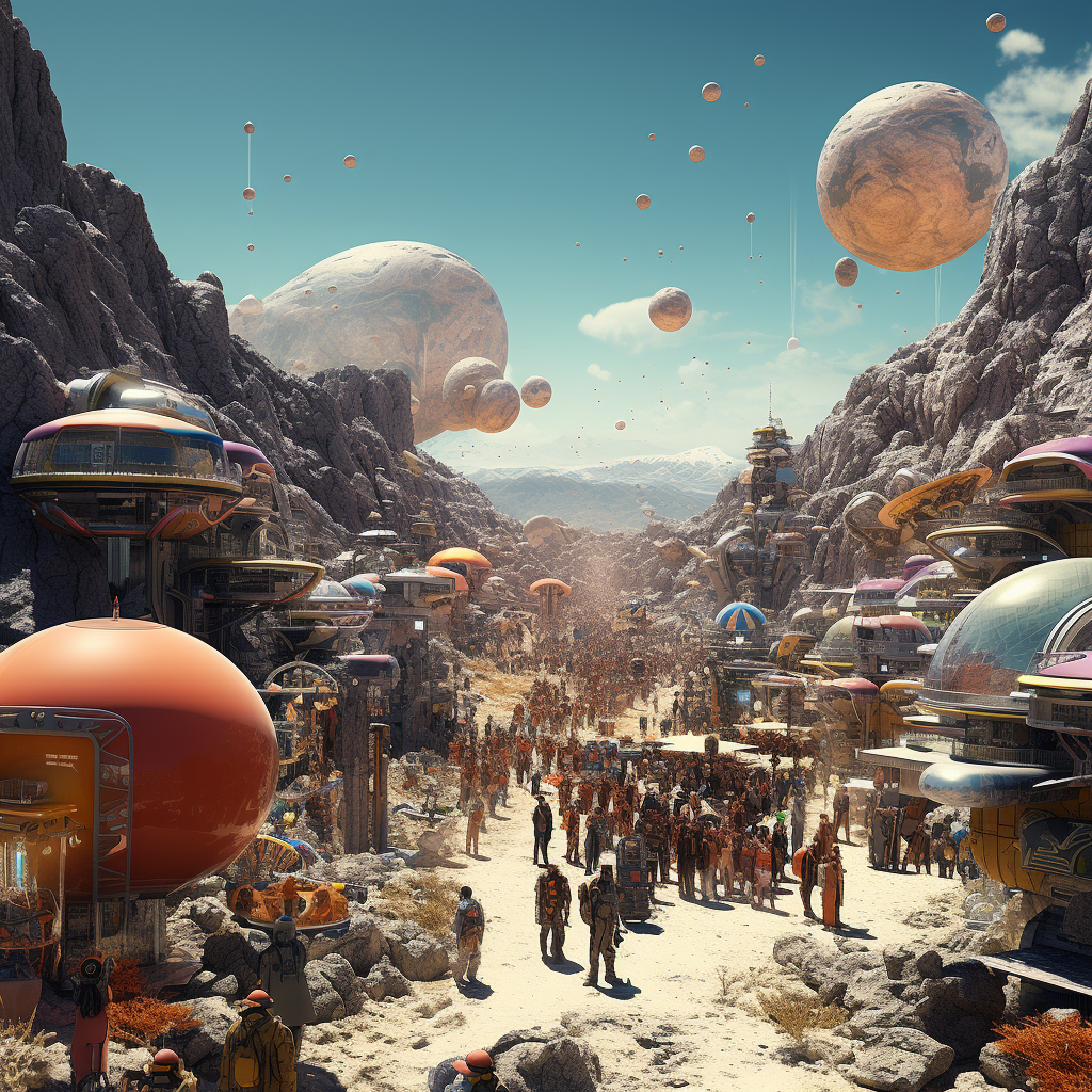 Space explorer in crowded alien bazaar