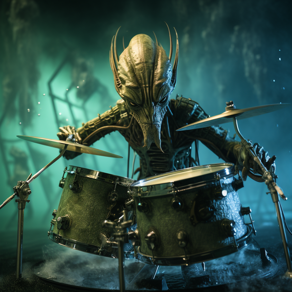 Alien playing drum set underwater