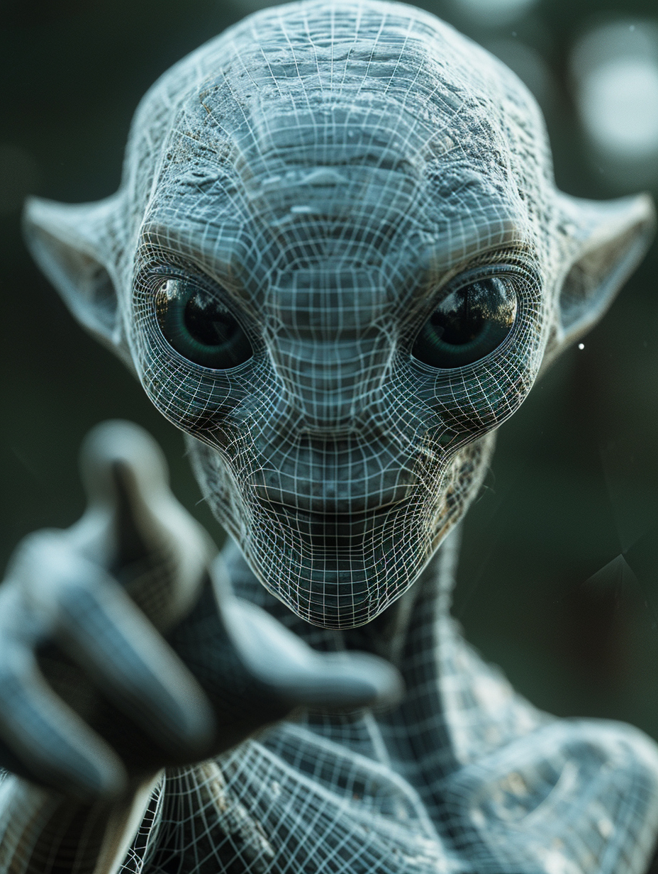 Alien pointing hologram wireframe photo realistic