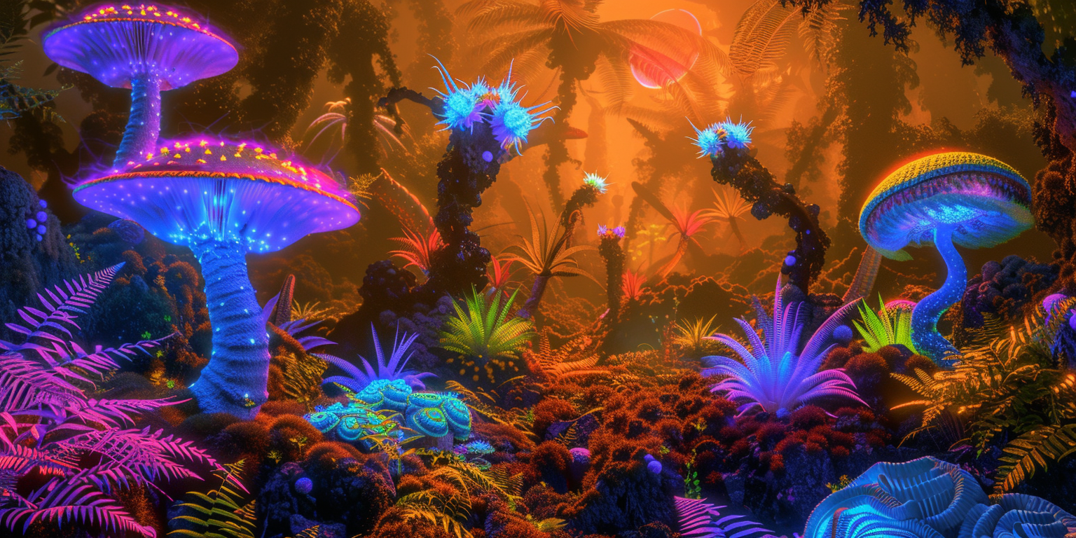 Contaminated Alien Rainforest with Bioluminiscent Flora