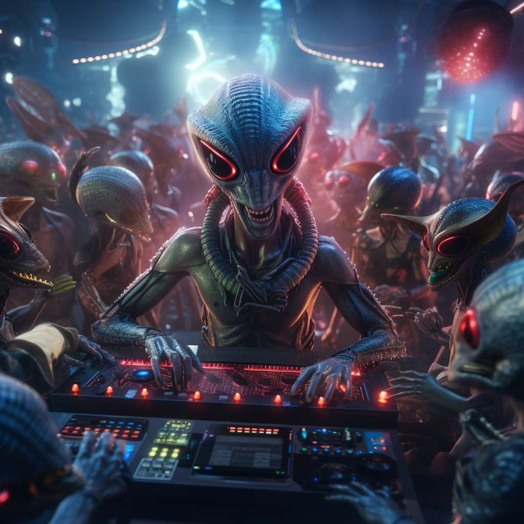 Cute aliens DJing at a rave party