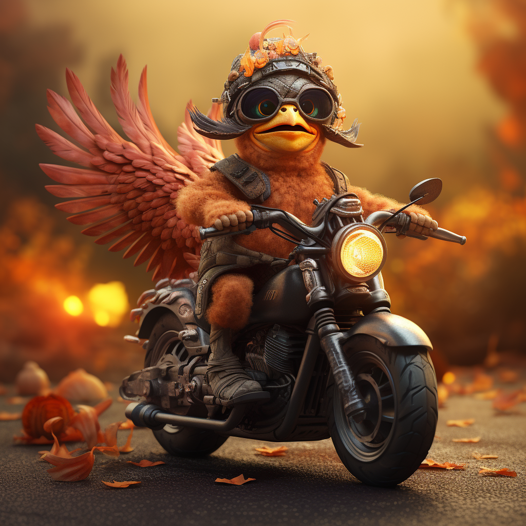 Alien riding Thanksgiving turkey motorcycle