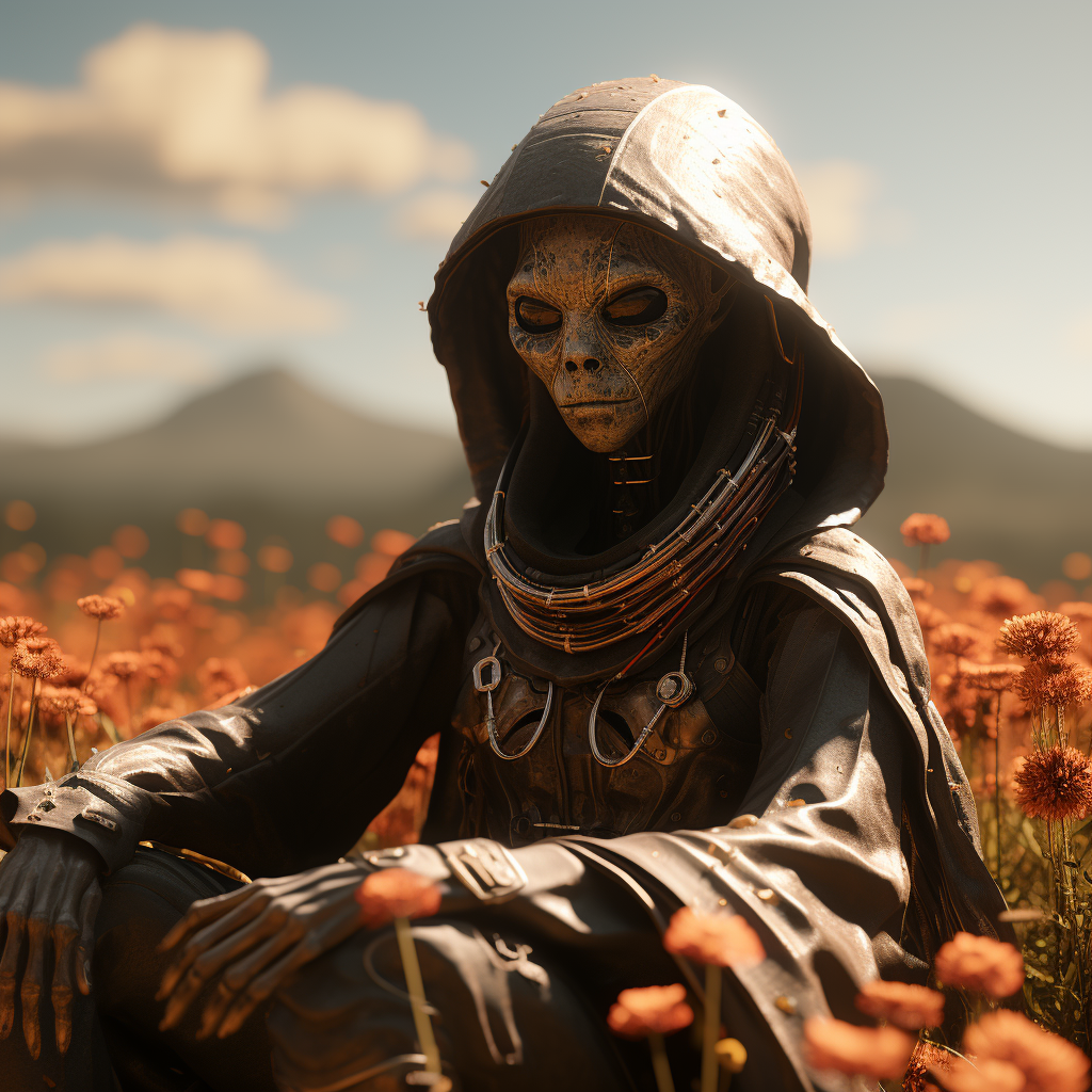 Alien sitting on top of coffin in flower field