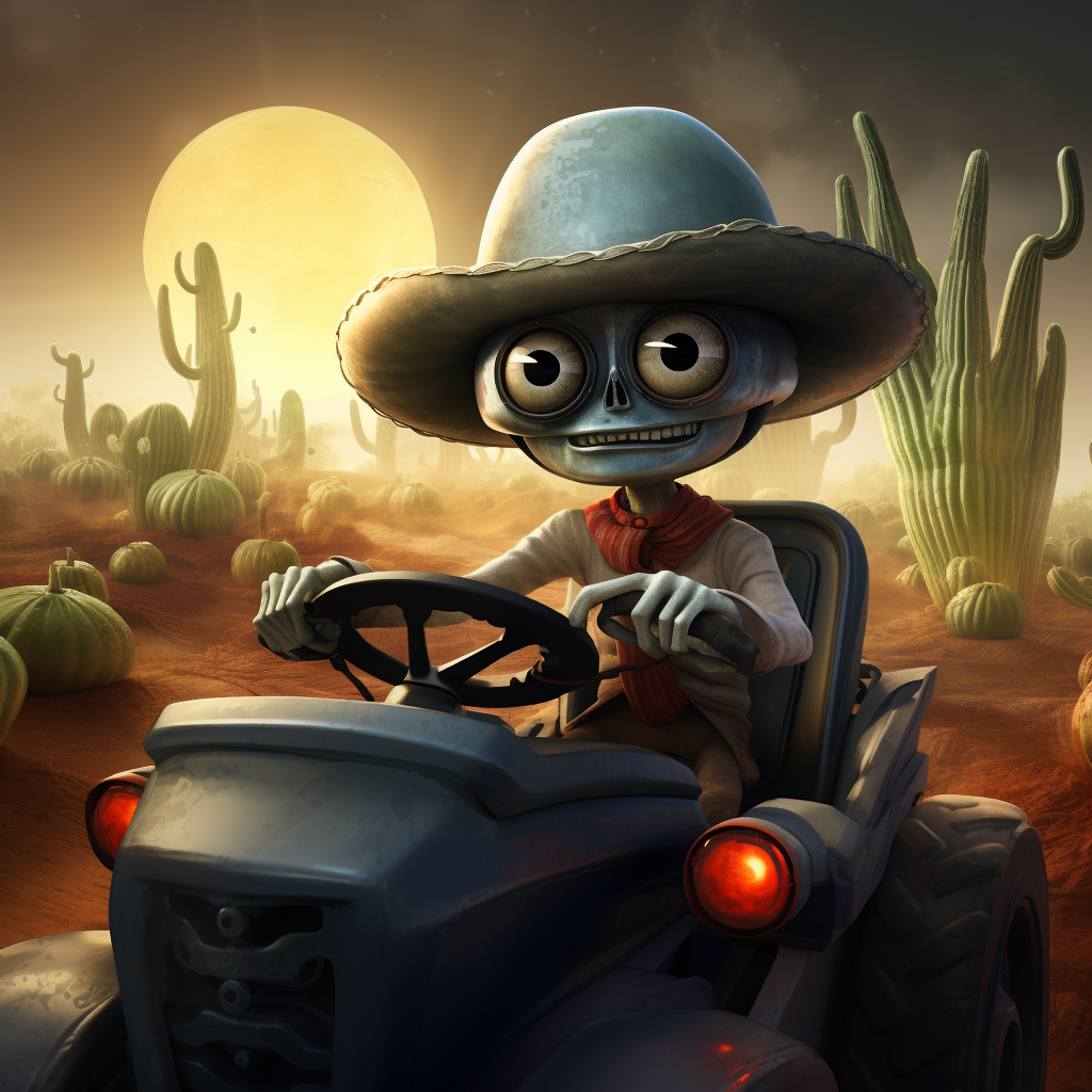 Funny gray alien in sombrero driving tractor