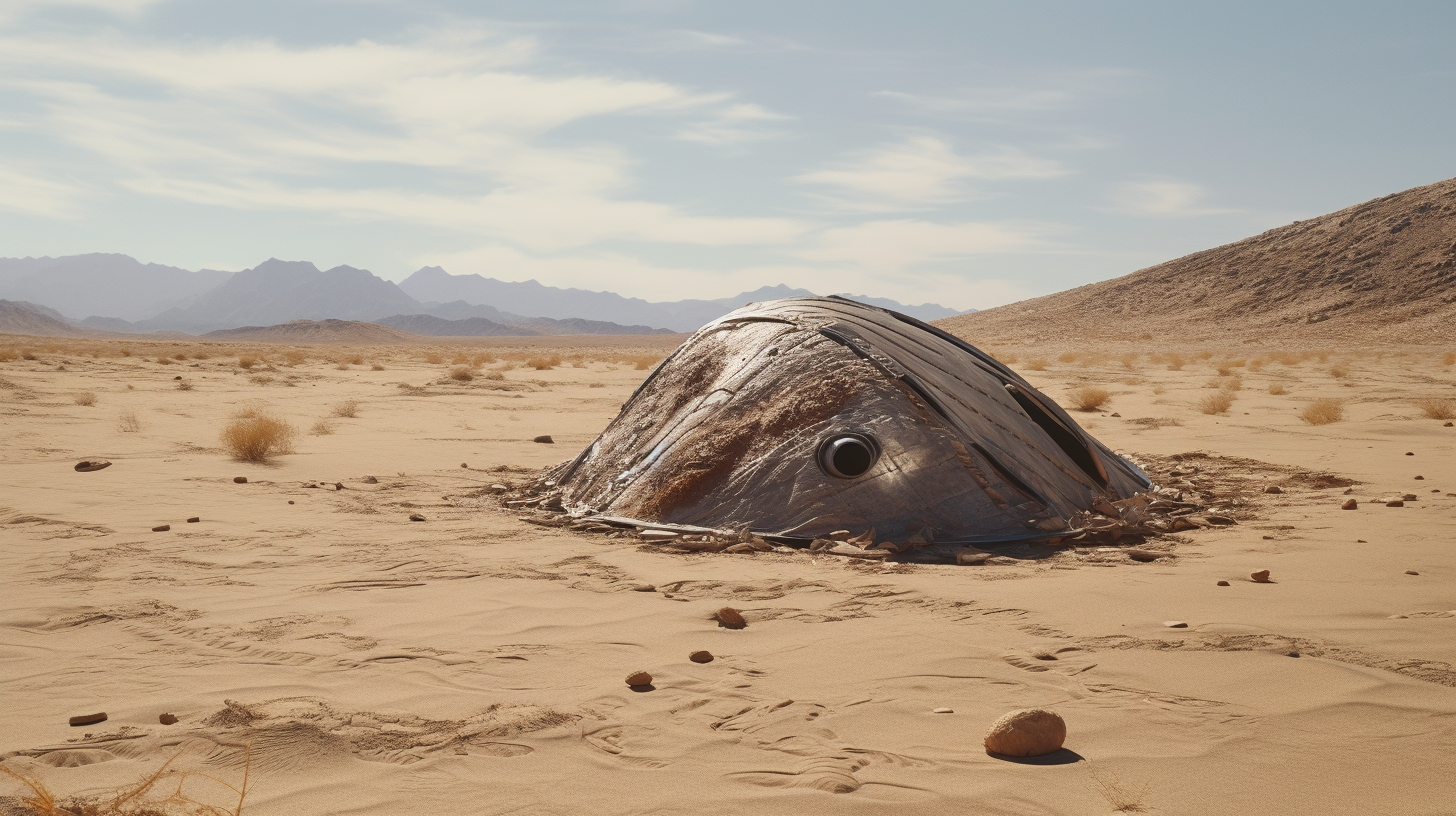 Hyper-realistic image of alien spacecraft in desert