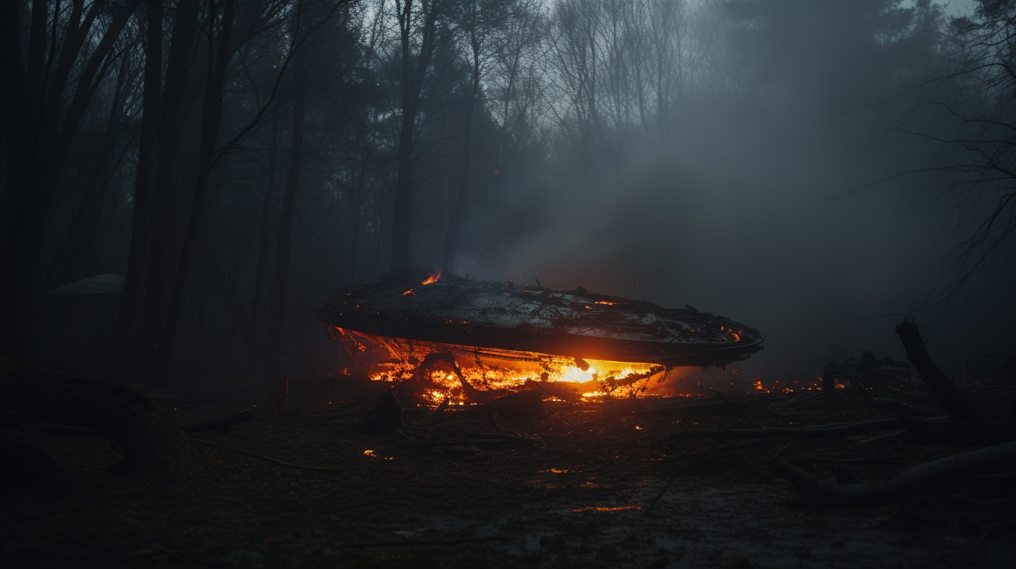 Alien spaceship crashed in woods with flames burning