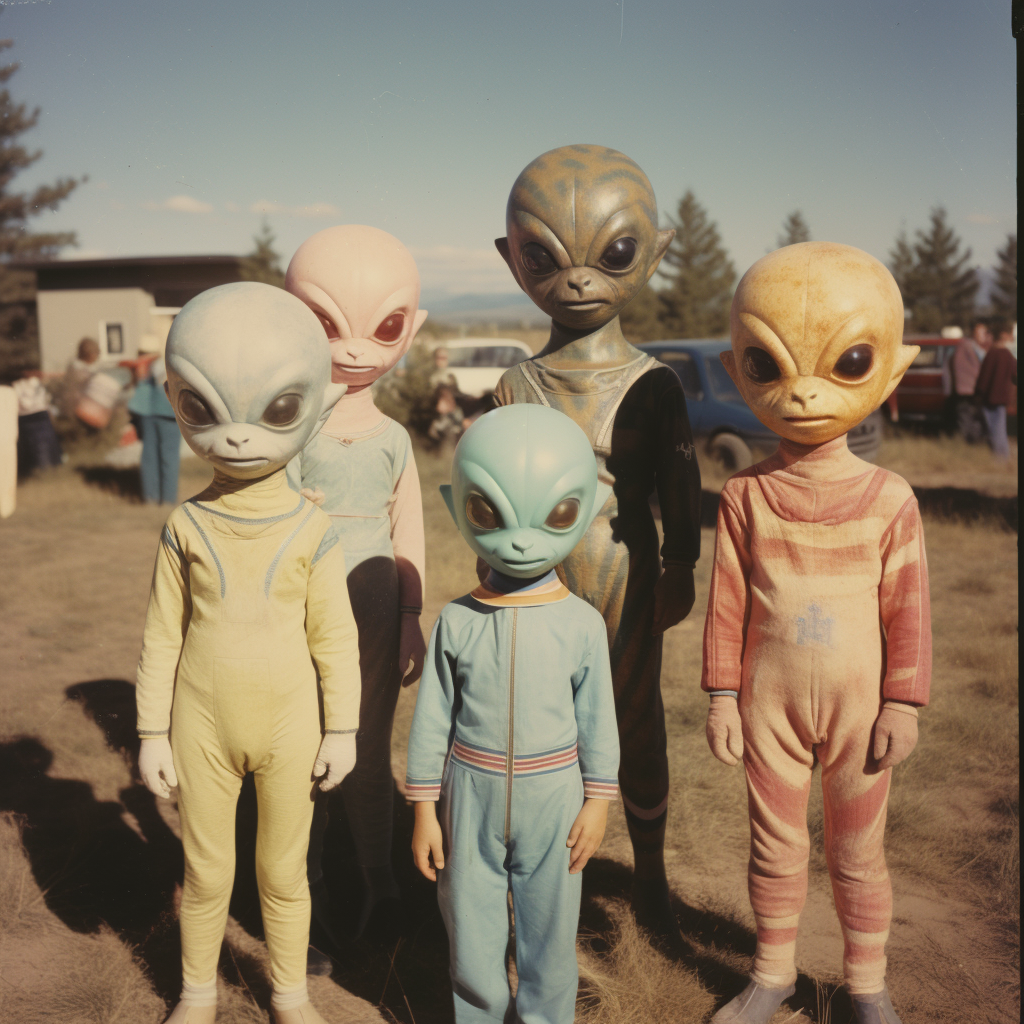 Cute aliens standing and dressed colorfully