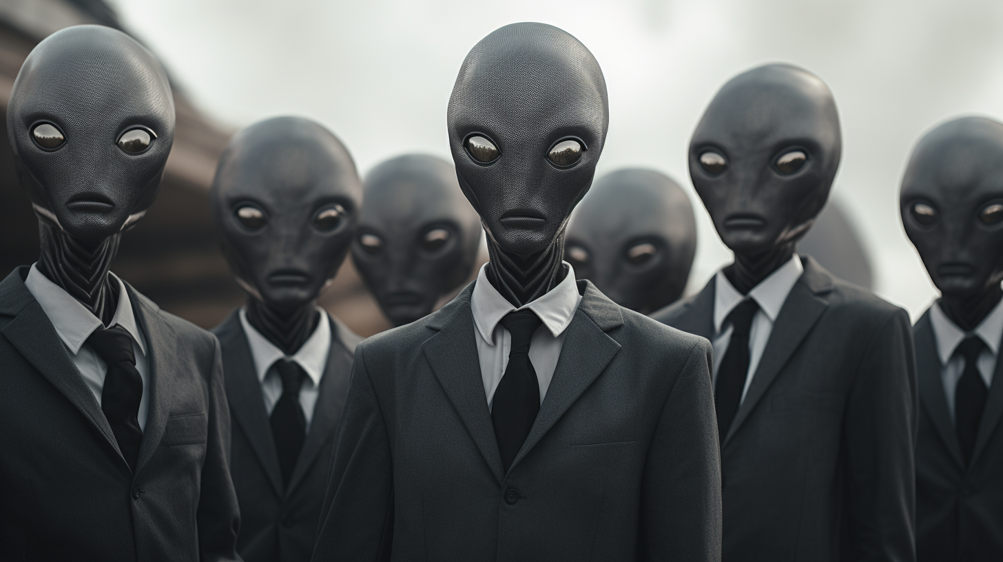 Group of aliens in suits in a dystopian cyberpunk setting