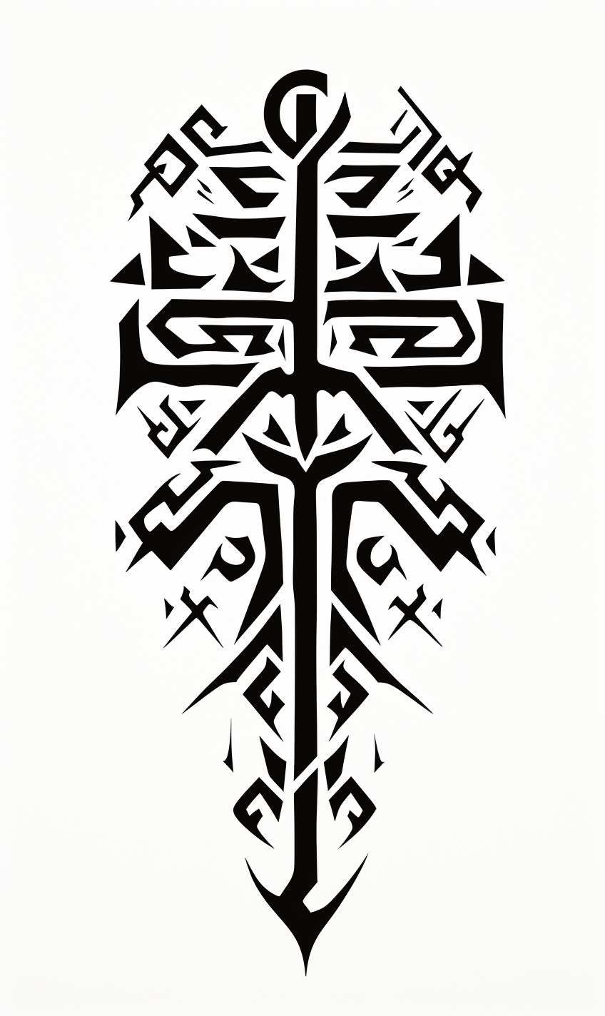 Black script on a white background with alien Tibetan Kufic runic letters