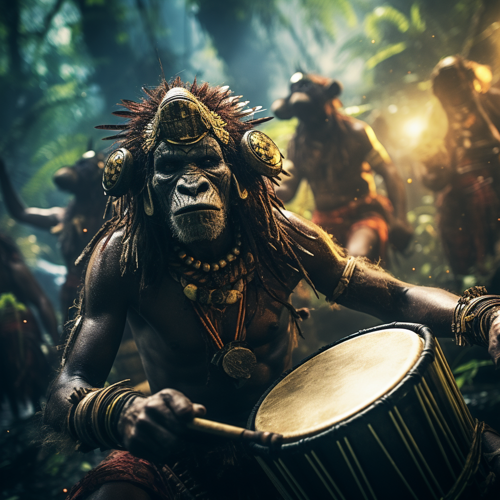 Colorful Alien Tribe Playing Konga Drums