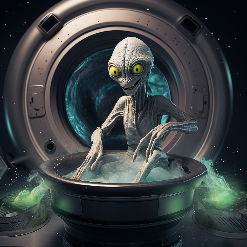 Gray alien riding a washing machine-shaped UFO