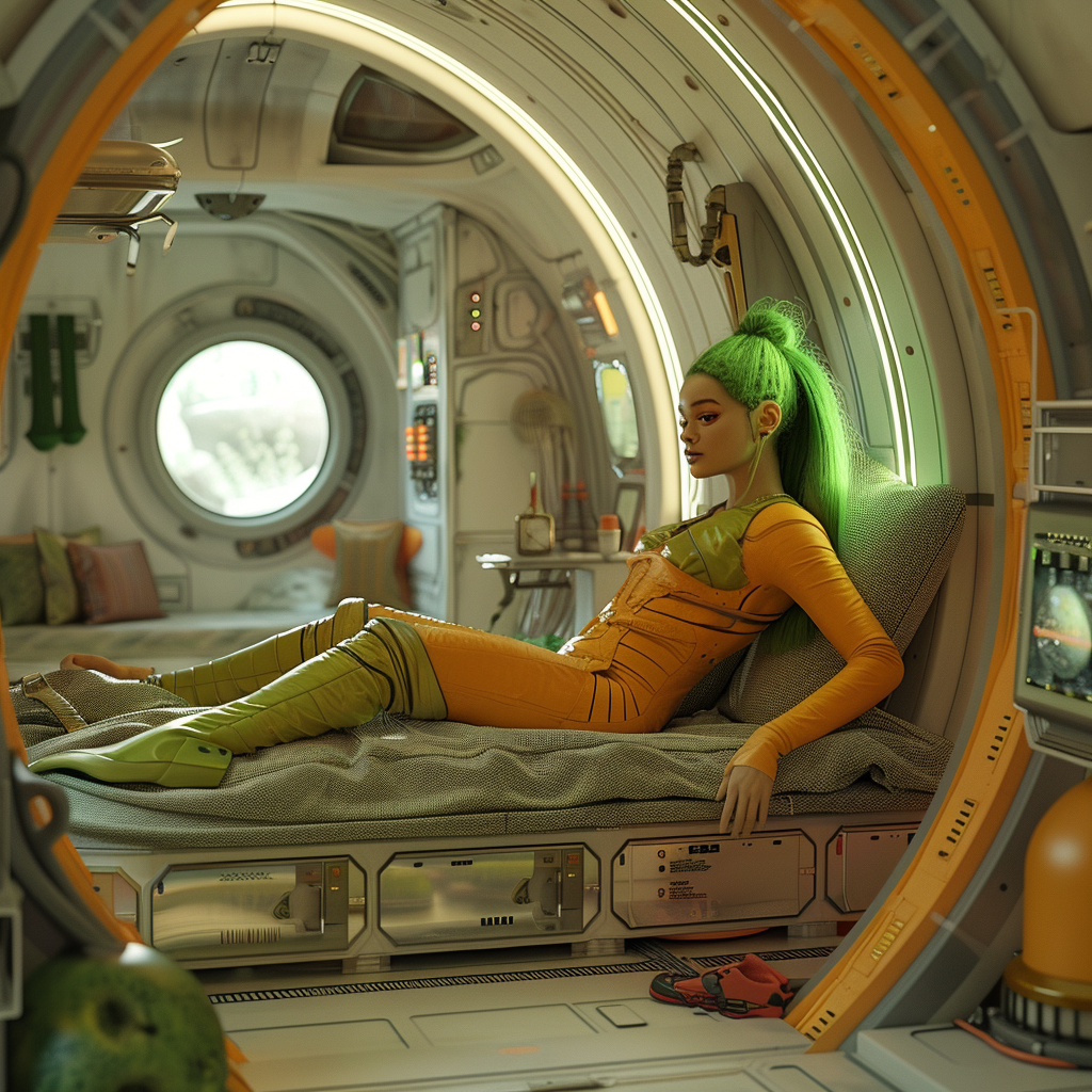 Green-haired alien in spaceship