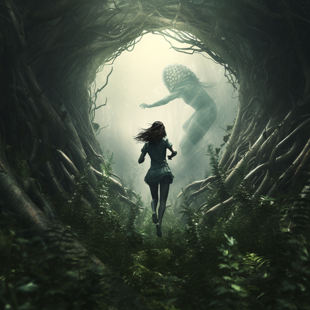 Alien woman running in forest