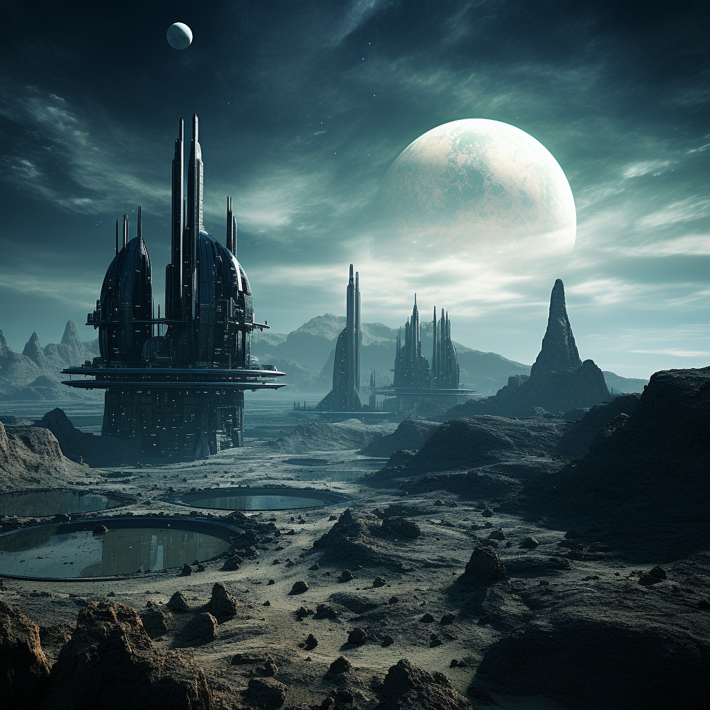 Alien world landscape with advanced civilization buildings