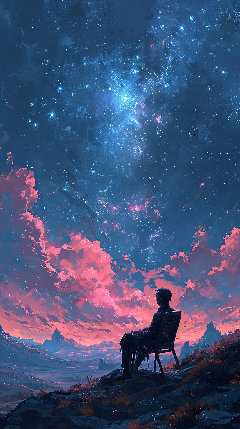 Alien gazing at stars in anime aesthetic