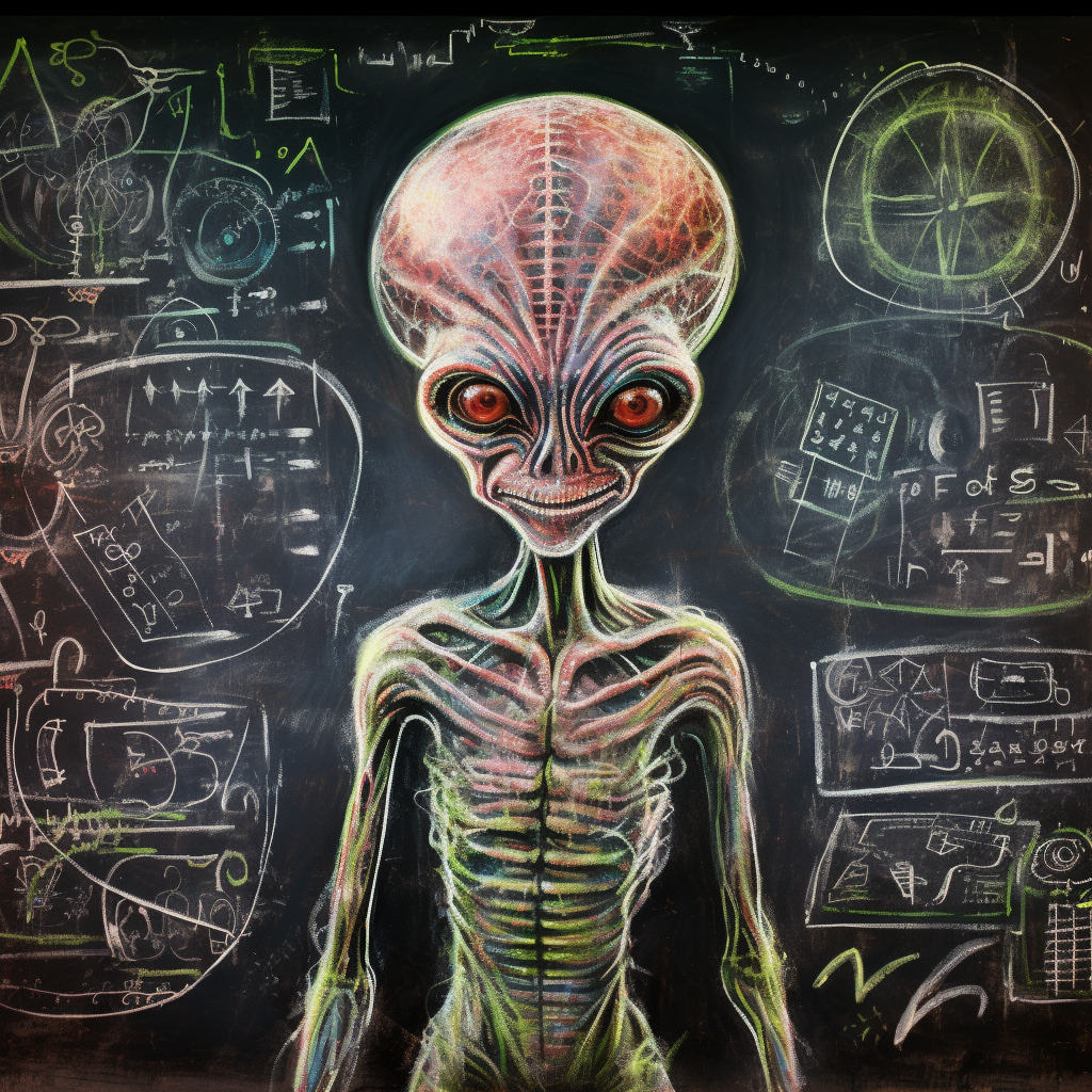 Alien writing math problems on chalkboard