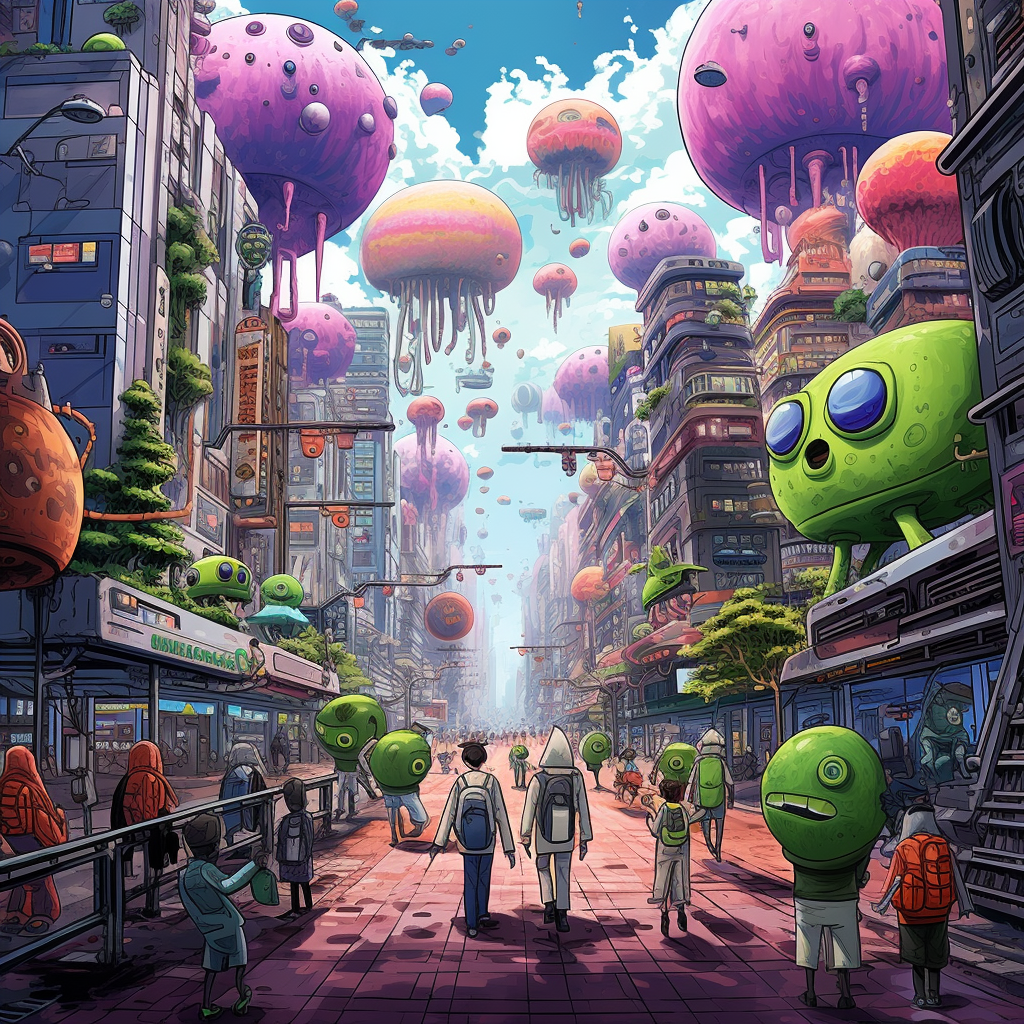 Colorful anime-like alien city with business aliens