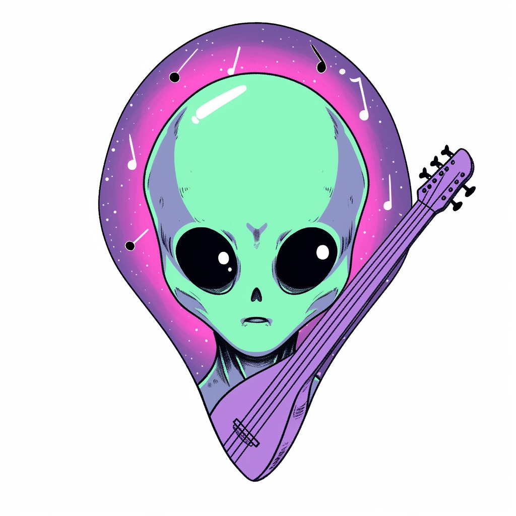 An alien guitar logo with glowing eyes