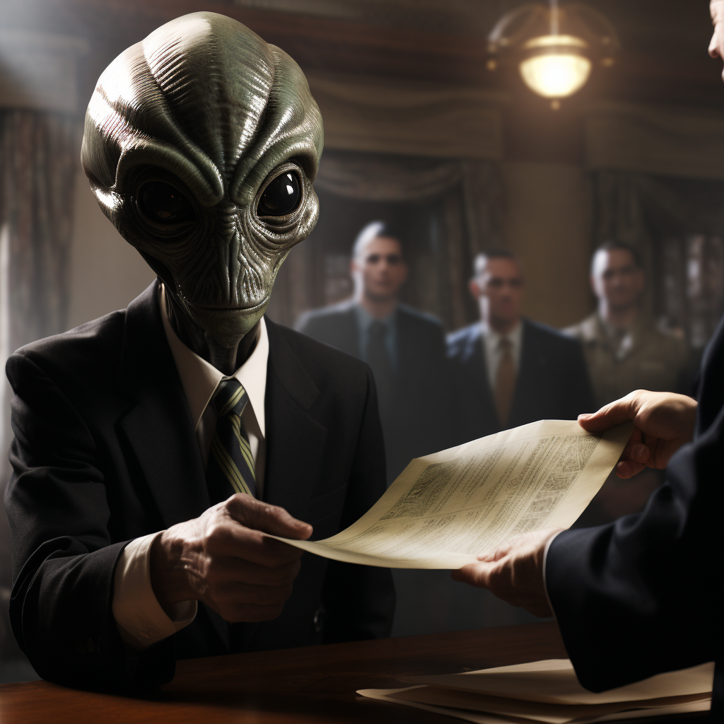 Photorealistic alien handing document to US official