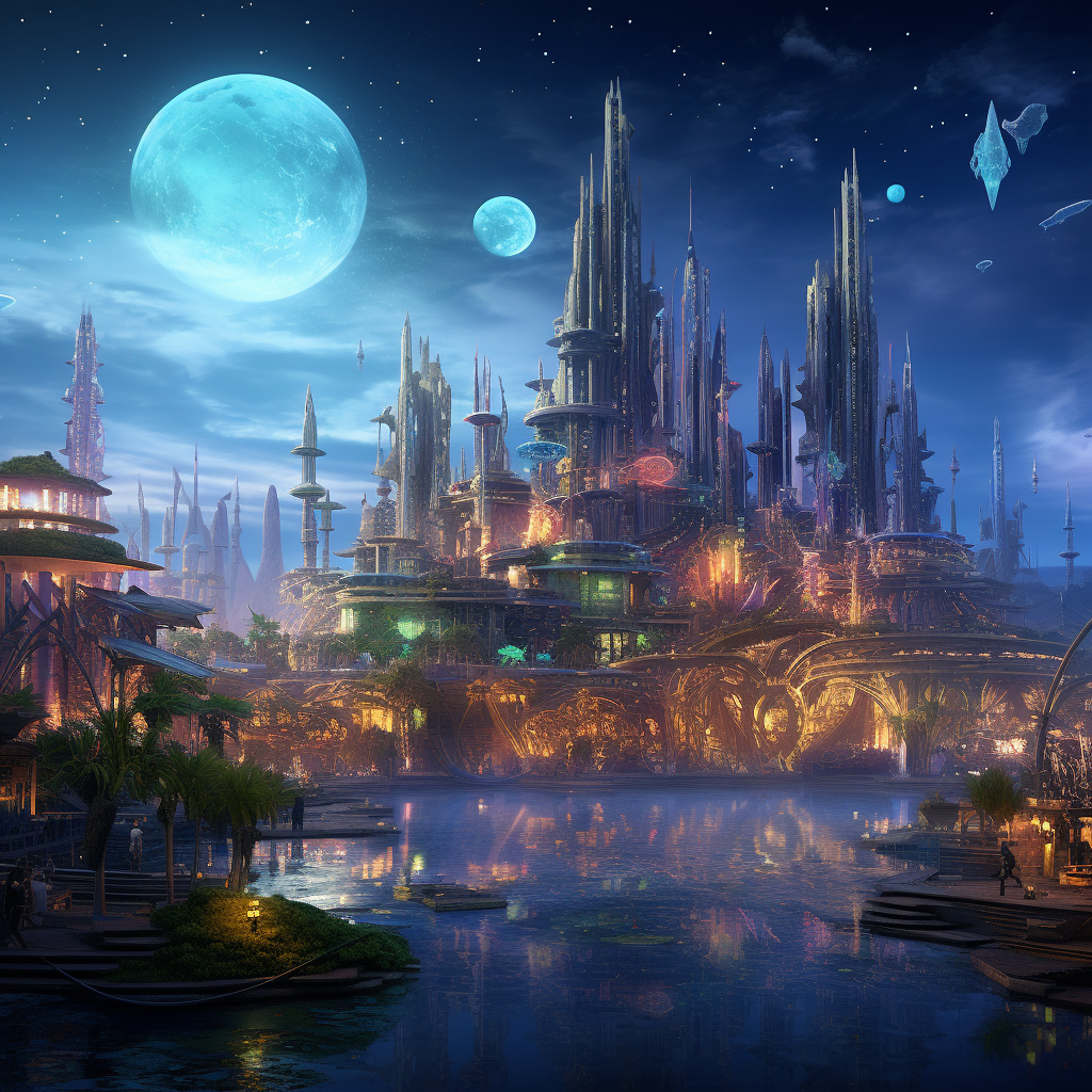 Vibrant alien cityscape by the mesmerizing seaside