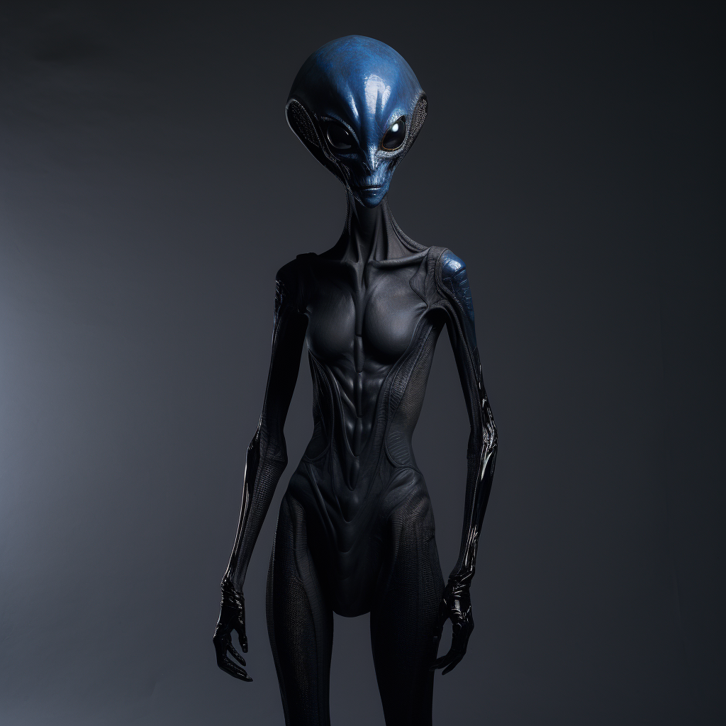 Tall skinny alien model with big blue eyes