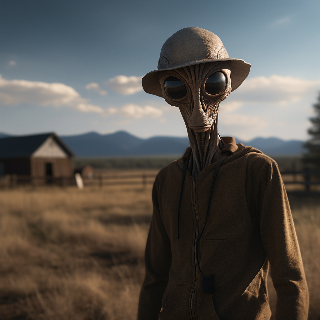Slender Alien Wearing Baseball Hat and Vest