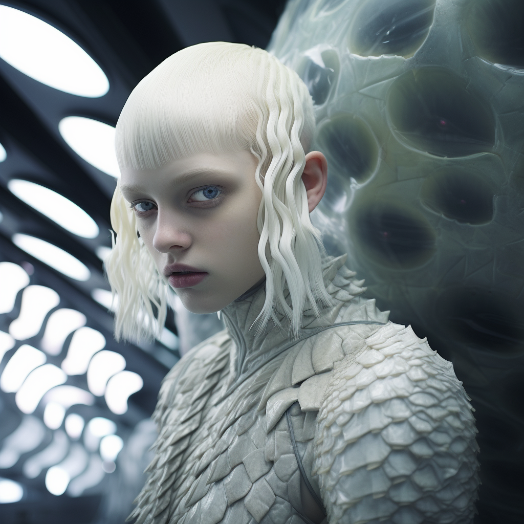 Detailed photo of attractive albino alien youth on starship