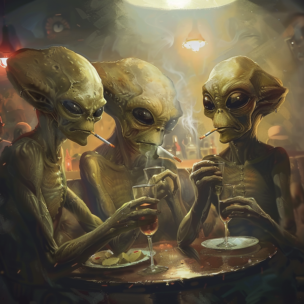 Aliens enjoying drinks and cigarettes